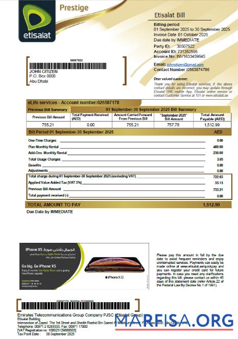 Downloadable UAE Etisalat utility bill template in Word and PDF formats, version 2